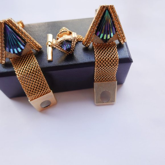 Wrap Around Mesh Retro Cufflinks and Tie Tack - Picture 2 of 3